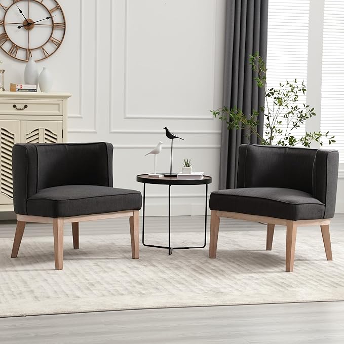 Accent Arm Chair with Wood Legs, Comfy Barrel Side Chair Linen Upholstered Reading Chairs with Back for Living Room Bedroom, Charcoal