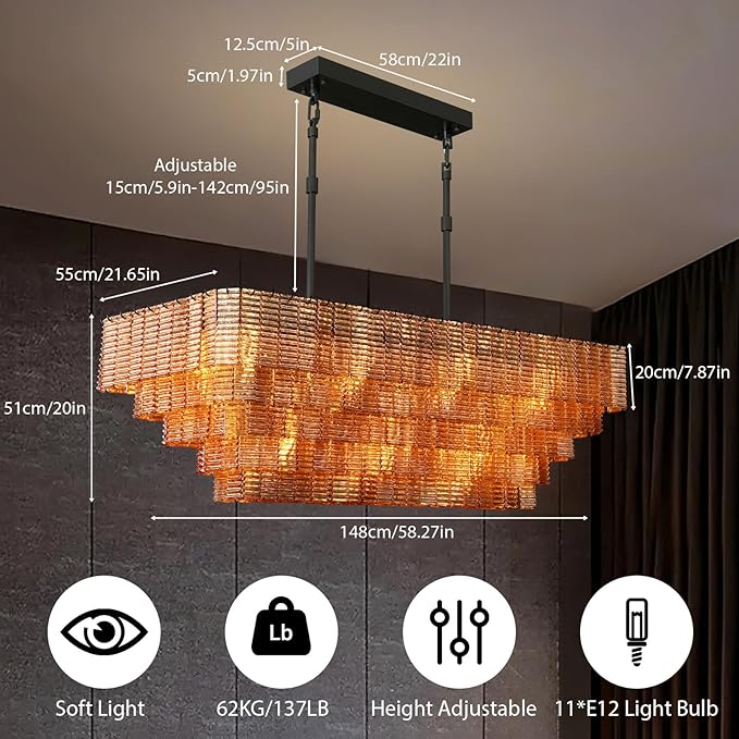 Rectangular Large Chandelier for Dining Room, 59" Black Pendant Light Fixture Over Kitchen Island, Linear Chandelier with Adjustable Height, Amber Glass Chandeliers for Dining Table & Living Room