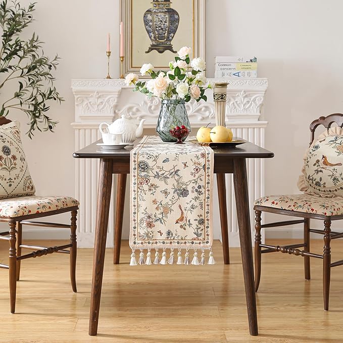 ISAENNE Designer Linen Table Runner 102 Inches Long,Elegant Floral Bird Pattern Table Runners for Dining Room,Farmhouse Rustic Kitchen Decor,Thanksgiving,Christmas,12"*102"-Cornucopia