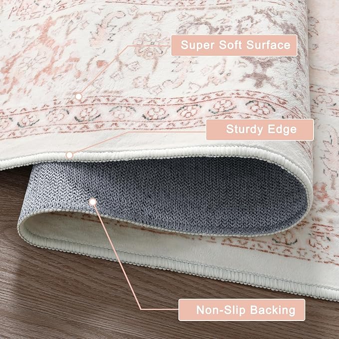 LIVEBOX Pink Round Rug 4ft - Machine Washable Circle Rug for Living Room, Non-Shedding Vintage Circular Carpet Bedroom, Low-Pile Floral Rugs Round for Girl's Room Entryway, Boho Rugs for Office