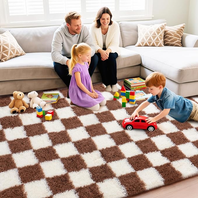 Checkered Rug for Living Room 6x9, Ultra Fluffy Fuzzy Shag Large Area Rug for Bedroom, Modern Plush Soft Upgrade Non-Slip Carpet for Kids Girls and Boys Room Dorm Home Decor, Cream and Coffee