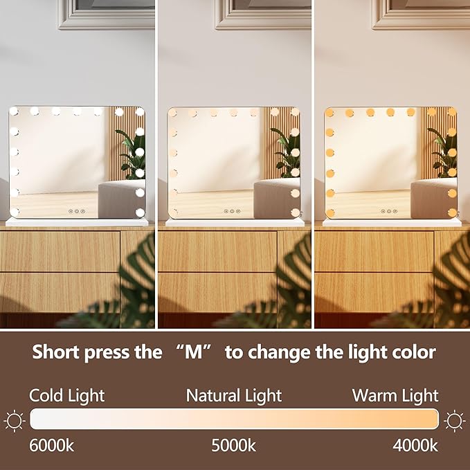 Hollywood Vanity Mirror with Lights, 17 Dimmable LED Bulbs 3 Color Lighted Makeup Mirror with Detachable 10X Magnification Mirror, Tabletop or Wall-Mounted, Touch Control