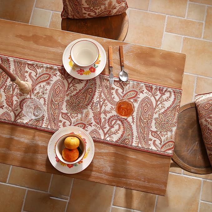 Designer Elegant Red Linen Table Runner 87 Inches Long,Vintage Paisley Pattern Durable Table Runners for Dining Tables,Thanksgiving,Kitchen Tables,Christmas,12"*87"-Chauffrey A