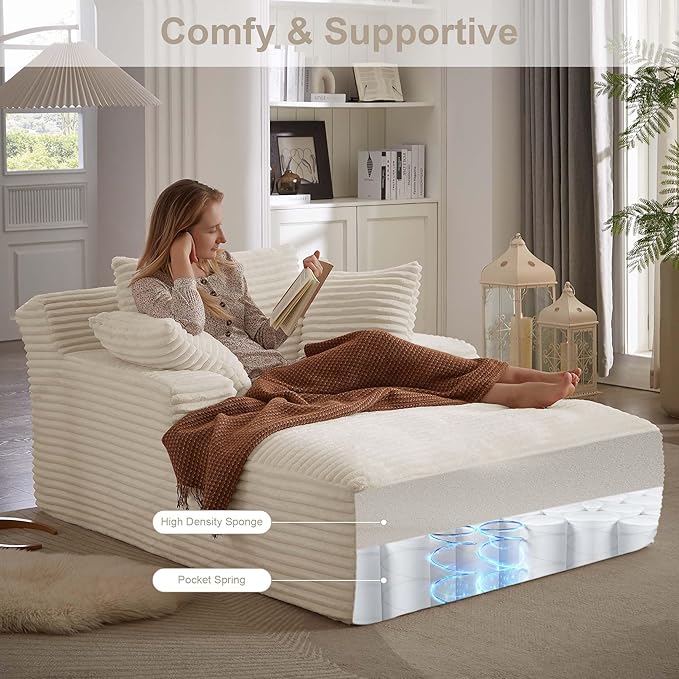 GNIXUU Oversized Chaise Lounge Chair Indoor, Comfy Corduroy Boneless Couch Reading Chair with 3 Pillows, Plush Memory Foam Sleeper Chair Lounge Sofa Bed for Living Room, Beige, No Assembly Required