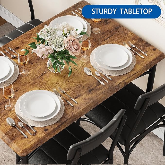 IDEALHOUSE Dining Table Set for 4, Kitchen Table with Chairs for 4, Rectangular Wood Dining Room Table Set with Upholstered Bench for Small Space, Dinner, Apartment, Retro Brown