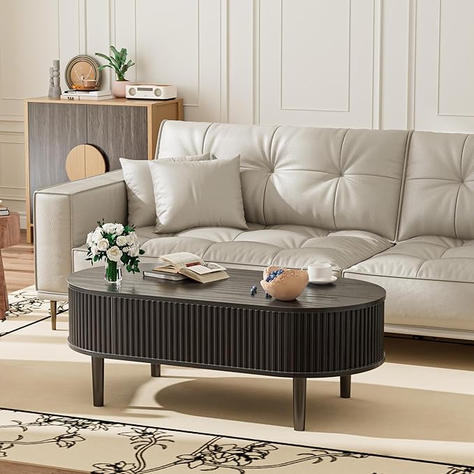 EAG Fluted Lift Top Coffee Table with Hidden Compartment, 39 Inch Modern Oval Coffee Table with 3 Storage, Fully Wooden Assembled Center Table for Living Room, Office, Black