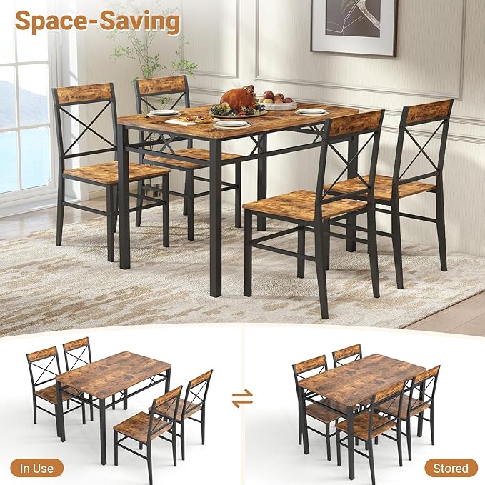 Dining Table Set for 4, 5-Piece Dining Table Set, Kitchen Table Chairs Set of 4, Rectangular Kitchen Table Set with 4 Curved Backrest Chairs, for Small Spaces & Apartment-Brown