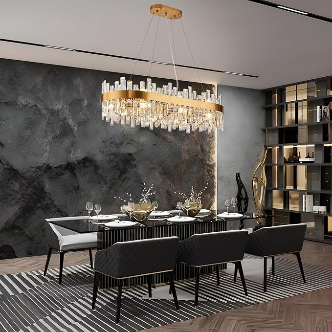 Rectangle Crystal Chandeliers, L35.4 inch 16-Light Brass Gold Chandelier Lighting Fixture, Height Adjustable Rectangular Oval Light for Dining Room Kitchen Island