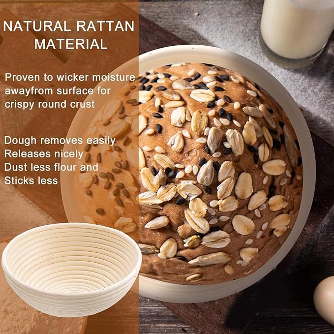 Banneton Bread Proofing Basket - 9 inch Banneton Basket Set of 2 Sourdough Proofing Basket Round Proofing Bowls Handmade Rattan Baskets and Liners