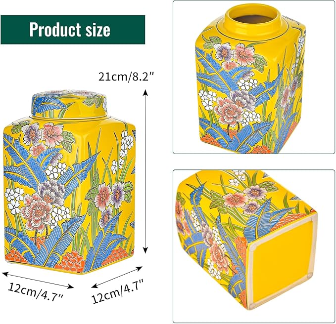 Sungmor Decorative Ceramic Ginger Jar with Lid, Square Ceramic Storage Jar Tea Canister, 8.2" Hand Painted Floral Pattern Porcelain Vase for Table Centerpiece, Yellow Glazed Ginger Jar for Home Decor