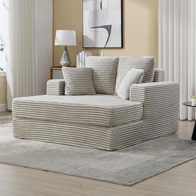 59" Chaise Lounge Chair Indoor - Oversized Comfy Corduroy Upholstered Sleeper Sofa with 4 Pillows & Armrests, Deep Seat Reading Chair Couch for Living Room, No Assembly Required - Light Gray