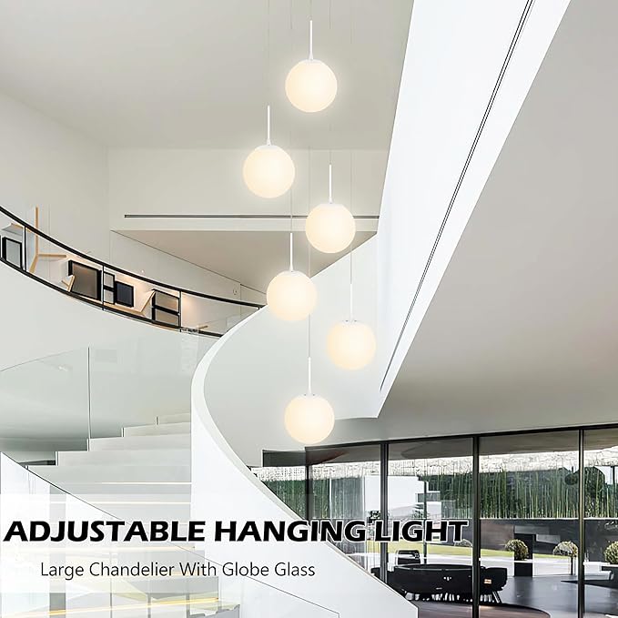 KoKo&Yukina Globe Pendant Light 6 Light White Globe Pendant Lights Kitchen Island Mid Century Light Fixture with Milky White Glass Shade Lights for Staircase