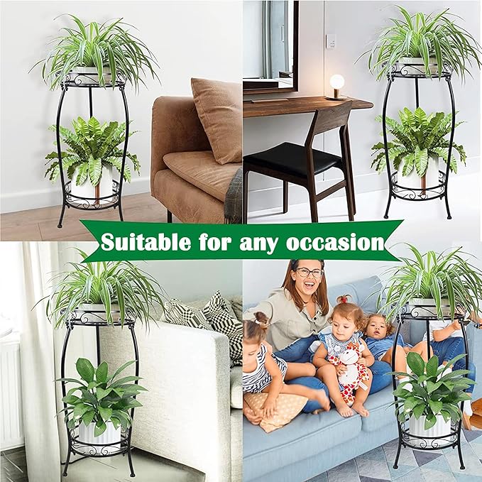 Plant Stand Indoor Outdoor 2 Tier 26.77" Tall Metal Potted Holder Rack Flower Pot Stand Heavy Duty Plant Shelf Rustproof Iron Multiple Plant Round Supports Rack Garden Balcony Patio Plants