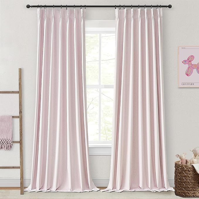 Light Pink Pinch Pleated Window Curtain Panels with Full Blackout Back 84 Inches Long, Insulated Linen Textured Drapes for Bedroom Summer Heat Modern Window Treatment for Girls Room 40" Wx84 Lx2Panels