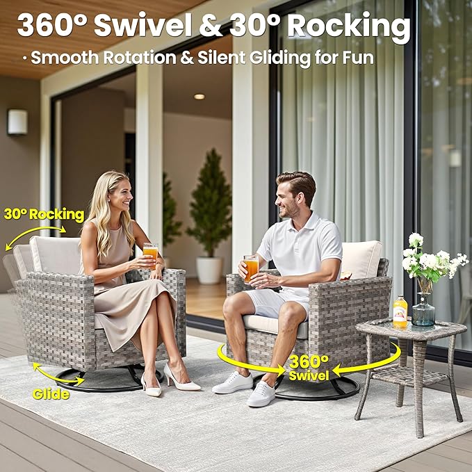 ovios 10 Pieces Patio Furniture Set, Outdoor Wicker Sectional Sofa with 30" Fire Pit Table Swivel Chairs, Modern Modular Deep Seat Rattan Couch Conversation Sets, Beige