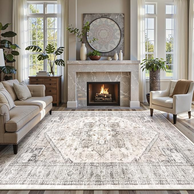 LIVEBOX Washable Area Rug 8x10 - Large Taupe Vintage Tribal Living Room Rug Oriental for Bedroom, Non-Slip Retro Medallion Carpet Print Distressed for Dining Room Guest Office