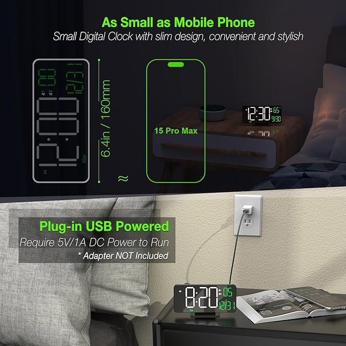 KOSUMOSU Digital Clock for Bedroom, 6.7in Black Alarm Clocks for Bedrooms,Auto Dimming, Date, Day of Week, Indoor Temperature,Digital Alarm Clock,Clocks for Living Room