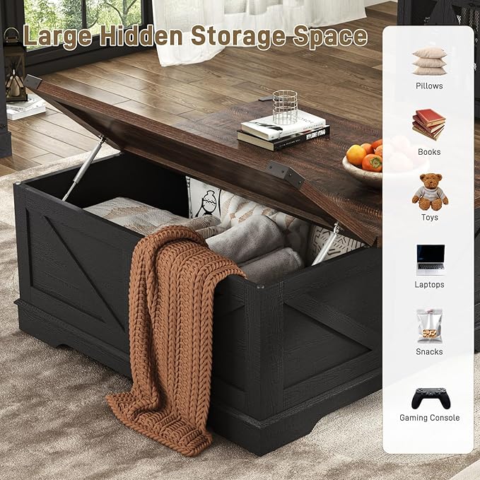 40” Large Farmhouse Lift Top Coffee Table with Power Outlets and Large Hidden Storage, Square Wood Living Room Tables, Multi-Function Lift Wooden Barn Door Center Table, Black