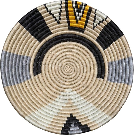 Handwoven African Basket Handmade sisal Fruit Bowl Wall Hanging decorative Baskets for Home Living Room Kitchen Centerpiece Zen Designs Arts and Crafts (Grey Beige Black, 10in diameter)