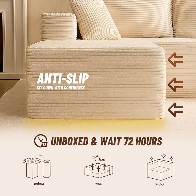 107" Boneless Couch with Deep Seat, Modular Sectional Sofa, Cloud Sectional Couch for Living Room, No Assembly Required, Corduroy, L-Shape Right，White