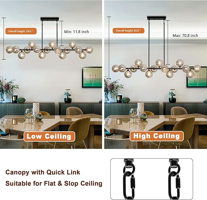 Dining Room Light Fixture 16-Light Farmhouse Chandeliers for Dining Room Large Chandelier Linear Sputnik Chandelier Smoke Gray Swirled Globe Glass Bubble Black Modern Pendant Lights Kitchen Island