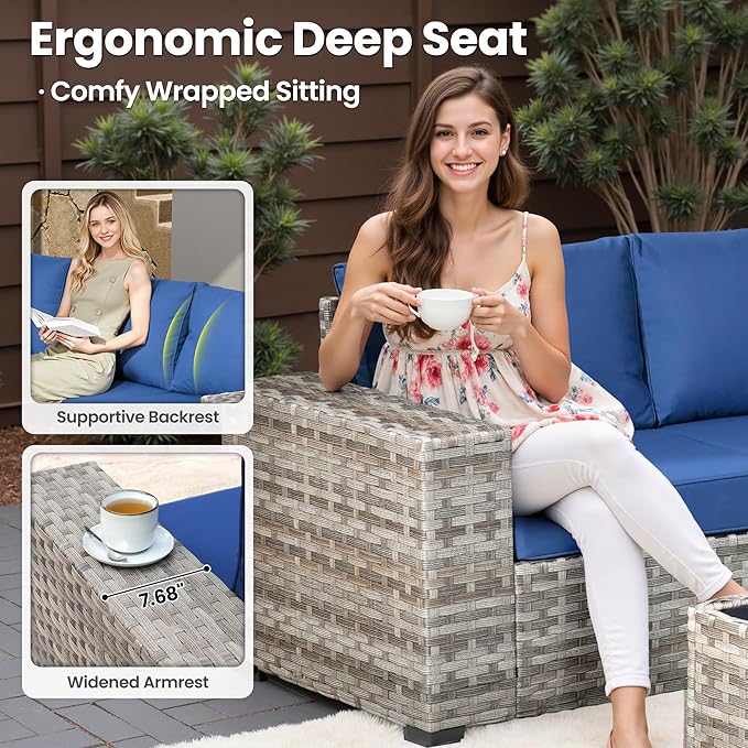 ovios 8 Pieces Patio Furniture Set, Outdoor Wicker Sectional Sofa with Swivel Chair Coffee Table, Modern Modular Deep Seat Rattan Couch Conversation Sets, Navy Blue