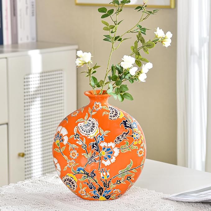 Sungmor High-Class Enamel Painted Porcelain Vase, Traditional Hand-Carved Overglaze Color Ceramic Vase for Fresh Flowers Dried Plants Arrangement, Decorative Vase for Centerpieces, Shelf, Living Room