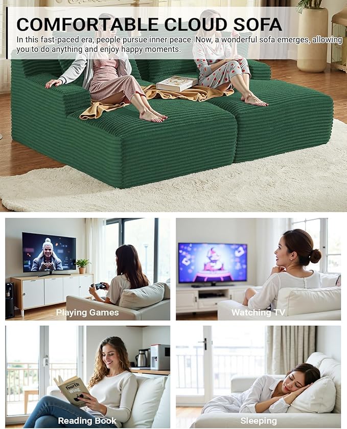 Oversized Double Chaise Lounge, Corduroy Boneless Couch, Modern Oversized Chaise Lounge, Upholstered Sleeper Sectional Sofa Daybed with Throw Pillows and Armrest for Living Room, Green