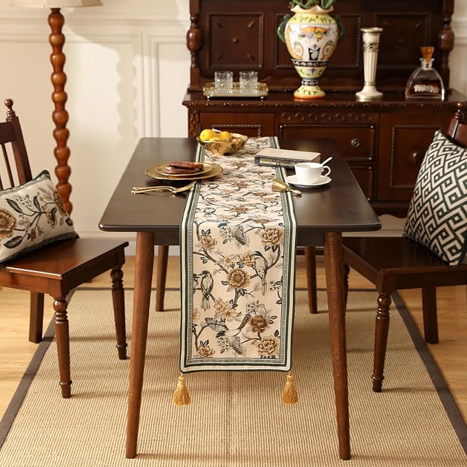 Designer Vintage Beige Linen Table Runner 87 Inches Long,Elegant Floral and Bird Pattern Decor Table Runners for Dining Tables,Thanksgiving,Christmas,Banquet,Party,12"*87"-Murad A