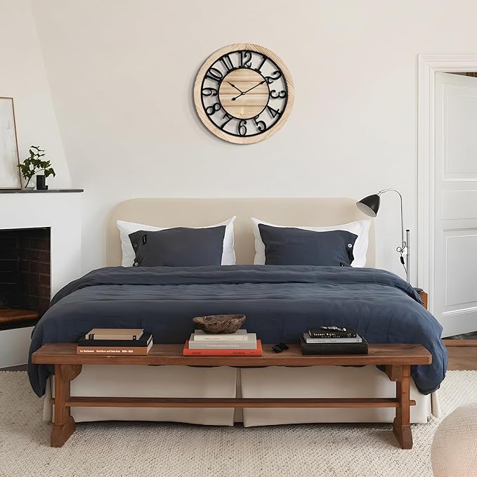 LEIKE 16 Inch Large Wall Clock - Rustic Wooden Silent Non-Ticking Wall Clock with Black Metal Frame, Vintage Farmhouse Decorative for Living Room, Bedroom, Kitchen - Arabic Numerals, Modern Design