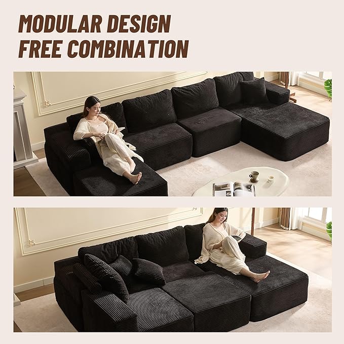 138" Boneless Couch with Deep Seat, Modular Sectional Sofa, Cloud Sectional Couch for Living Room, No Assembly Required, Corduroy, U-Shape 4 Seater Right, Black