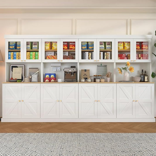 71" Tall Farmhouse Kitchen Pantry, Large Storage Cabinet with Glass Doors, Freestanding Coffee Bar Hutch with Microwave Stand, Adjustable Shelves for Kitchen, Living Room, White 4 Pcs