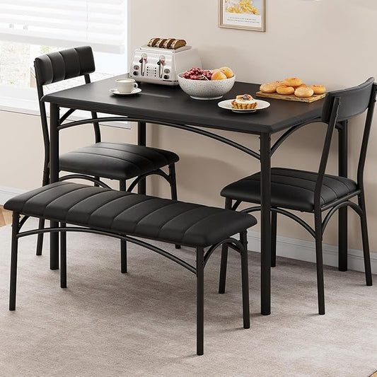 IDEALHOUSE Dining Table Set for 4, Kitchen Table with Chairs for 4, Rectangular Wood Dining Room Table Set with Upholstered Bench for Small Space, Dinner, Apartment, Retro Black