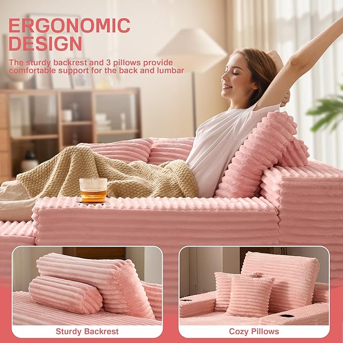 Chaise Lounge Chair Indoor, 67" Oversized Comfy Plush Fur Sleeper Sofa Bed with Cup Holders and Wide Armrests, Boneless Upholstered Recliner Bed, Modern Cloud Couch for Living Room, Pink