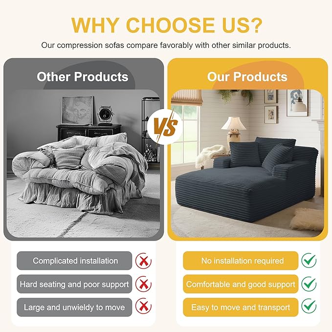 Boneless Couch Sofa Chiar Chaise Lounge Chair Indoor Upholstered Corduroy Couch Cloud Sleeper Sofa Oversized Reading Chair for Living Room No Assembly Required (Dark Grey, 50" W x 67" D)