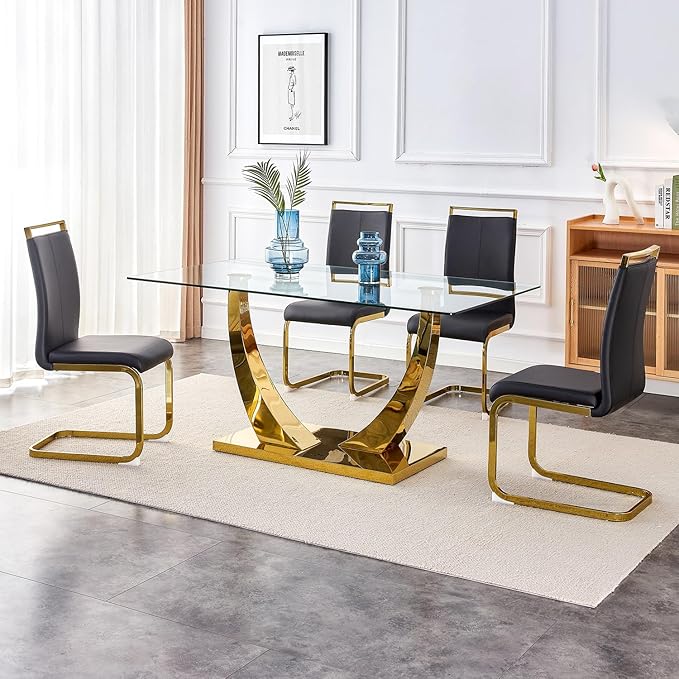 63” Glass Dining Table Set for 4,Gold Dining Room Table Set for 4,Modern Kitchen Table and PU Leather Chairs for 4, Dinner Table with Rectangle Tempered Glass Top and Golden Base