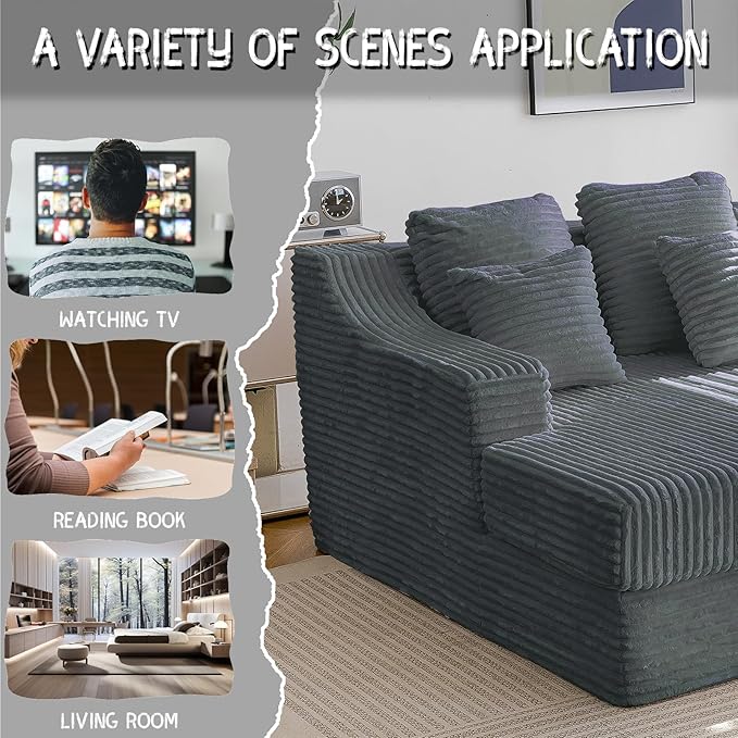 Chaise Lounge Sofa Chair Indoor Cozy Sofa Bed Oversized with Four Pillow Fluffy Upholstered Sleeper Sofa Chair for Living Room Bedroom Office Liesure No Assembly Required（Grey）