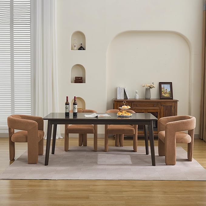 Modern Barrel Dining Chairs Set of 4, Upholstered Linen Dining Room Chair with Wooden Legs, Accent Chairs for Kitchen/Dining Room/Living Room, Brown