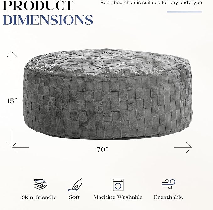 Hobestluk Bean Bag Chairs Beanbag Chair with Filler Adult Bean Bags with Fluffy Cover, Giant Bean Bag Chairs for Adults for Living Room, Bedroom (Grey, 6FT - 70" x 70" x 15")