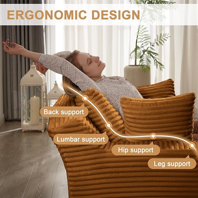Boneless Couch Sofa Chiar Chaise Lounge Chair Indoor Upholstered Corduroy Couch Cloud Sleeper Sofa Oversized Reading Chair for Living Room No Assembly Required (Orange, 50" W x 80" D)