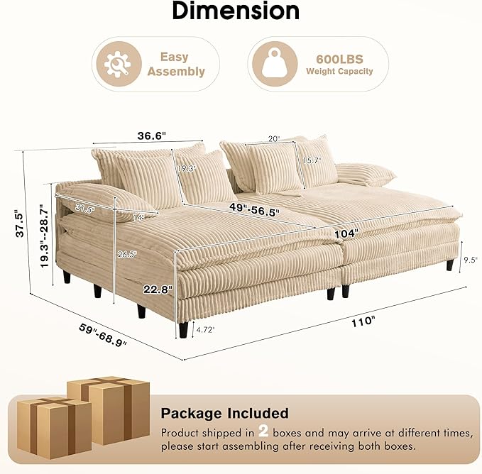 110" W Oversized Double Chaise Lounge Sofa Couch, Corduroy Sleeper Sofa Bed with Adjustable Backrest, Modern Upholstered Cloud Couch with Deep Seat & Pillows for Living Room, Khaki