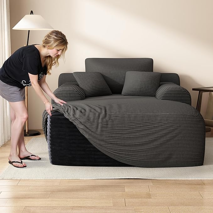 67" Oversized Chaise Lounge Chair with Cover, Comfy Sleeper Sofa Bed, Black Plush Corduory Couch for Living Room,Sofa in A Box,No Assembly Required (Corduroy Grey Cover).