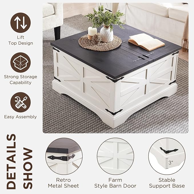 JXQTLINGMU Farmhouse Lift Top Coffee Table with Storage, 36" Wood Square Center Table with Large Hidden Compartment, Rustic Lift Tabletop Dining Table for Home Living Room, White