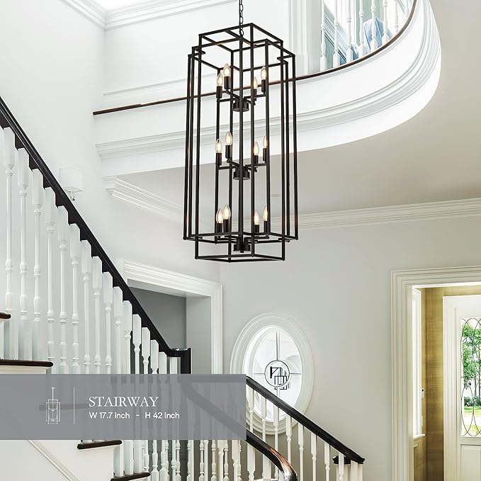 12-Light Lantern Tiered Pendant Light Fixtures, Black Metal Farmhouse Chandelier Hall Foyer Hanging Chandelier for Kitchen Island Dining Room Living Room Foyer Entryway, Black