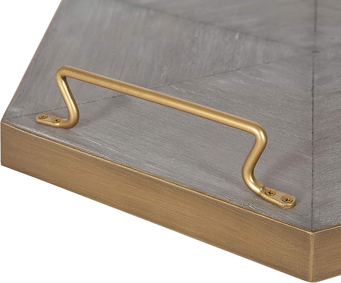Kate and Laurel Sade Decorative Hexagon Tray with Handles, 16", Concrete Gray and Gold, Modern Tray for Ottoman, Centerpieces, Or Bathroom and Bedroom Decor