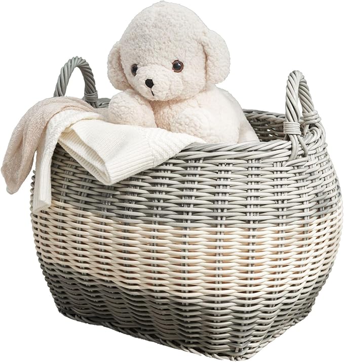 Zita Oval Resin Woven Wicker Multi-Use Storage Basket with Handles (18" x 15" x 11.4" - White-Gray) - Perfect for Halloween, Thanksgiving, and Versatile Home Organization