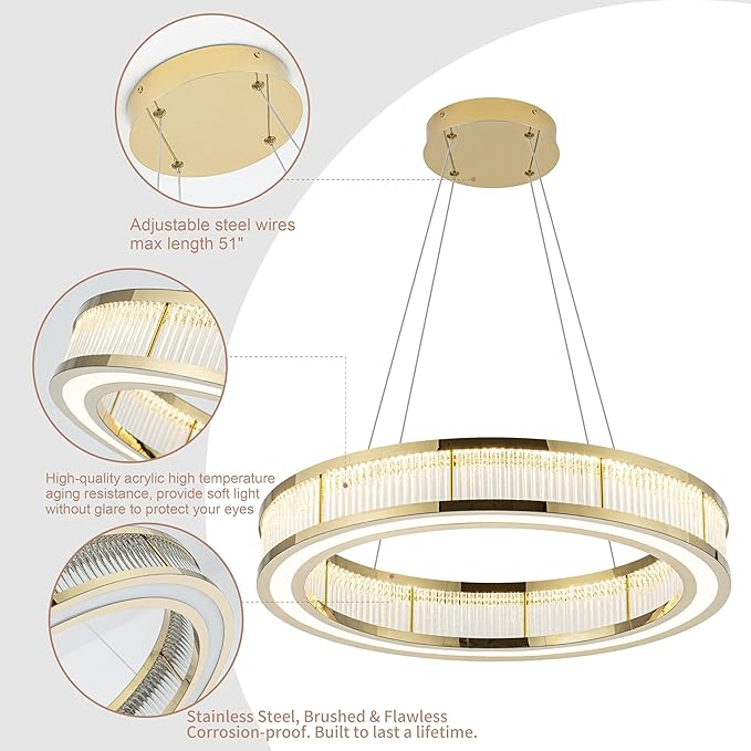 Modern Gold Led Pendant Light,50W Dimmable LED Chandelier Lighting Fixture, 1 Ring Circular Hanging Led Pendant Lighting for Living Room Dining Room Kitchen Island Foyer Office