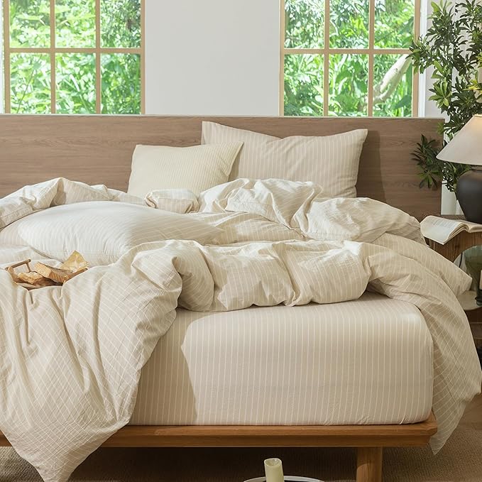 MooMee Striped Duvet Cover Set 100% Washed Cotton Linen Like Textured Breathable Durable Soft Comfy (Almond Milk Grey White Wide Stripes, Full 80"x90")