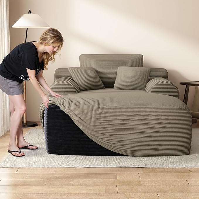 67" Oversized Chaise Lounge Chair with Cover, Comfy Sleeper Sofa Bed, Black Plush Corduory Couch for Living Room,Sofa in A Box,No Assembly Required (Corduroy Camel Cover).