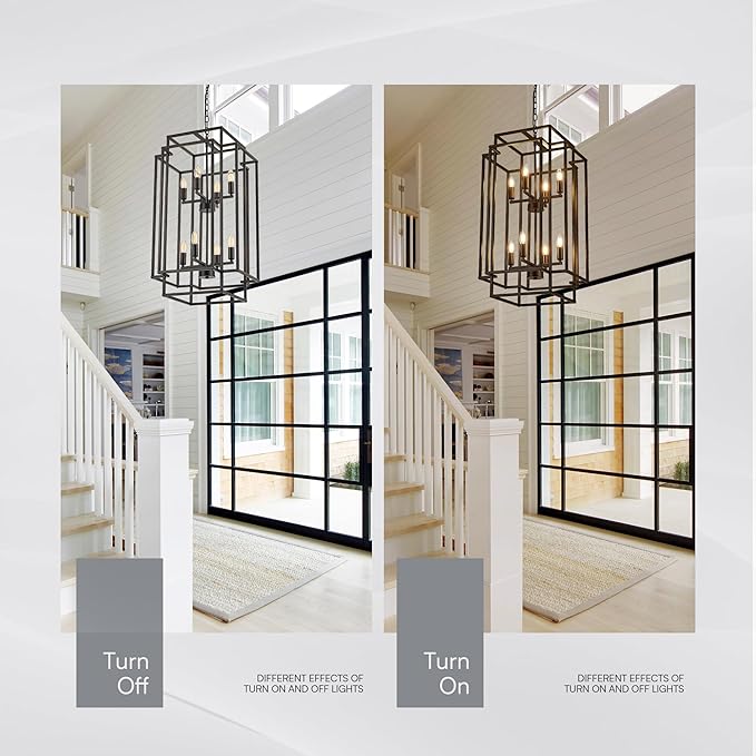 8-Light Lantern Tiered Pendant Light Fixtures, Black Metal Farmhouse Chandelier Hall Foyer Hanging Chandelier for Kitchen Island Dining Room Living Room Foyer Entryway, Black